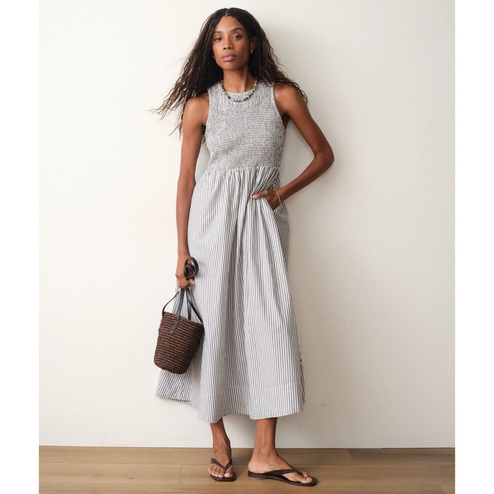 Marine Layer Darcy Smocked Poplin Dress S Pima Cotton  NWT Navy  Stripe - Picture 3 of 16